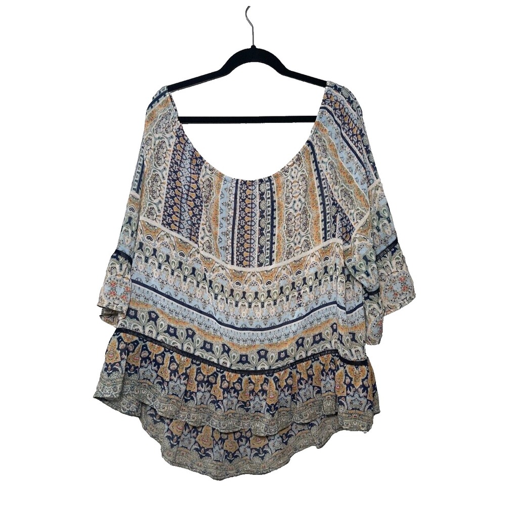 Democracy‎ Blouse Women's 2X Blue Floral Ruffle Sleeve On Off Shoulder Boho